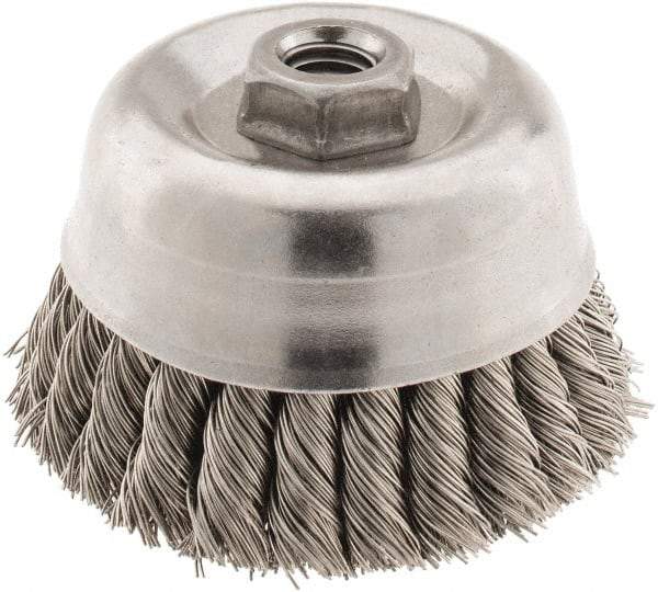 Osborn - 4" Diam, 5/8-11 Threaded Arbor, Stainless Steel Fill Cup Brush - 0.02 Wire Diam, 1-1/4" Trim Length, 6,000 Max RPM - Benchmark Tooling