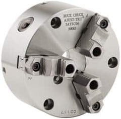 Buck Chuck Company - 3 Jaws, 10" Diam, Self Centering Manual Lathe Chuck - Front Mount, Adjustable, Reversible, 3,000 Max RPM, 3.23" Through Hole Diam, Forged Steel - Benchmark Tooling