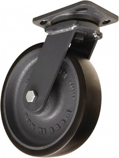 Hamilton - 8" Diam x 2" Wide x 9-1/2" OAH Top Plate Mount Swivel Caster - Polyurethane Mold onto Cast Iron Center, 1,950 Lb Capacity, Sealed Precision Ball Bearing, 4 x 5" Plate - Benchmark Tooling