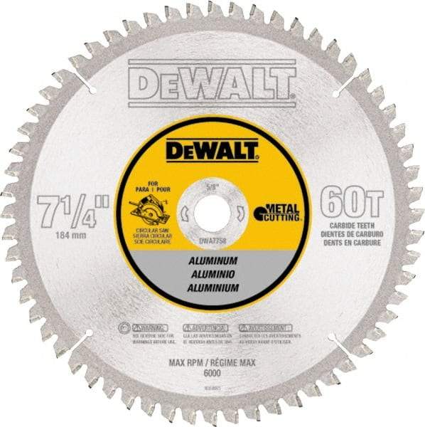 DeWALT - 7-1/4" Diam, 5/8" Arbor Hole Diam, 60 Tooth Wet & Dry Cut Saw Blade - High Speed Steel, Crosscut Action, Standard Round Arbor - Benchmark Tooling