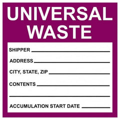 NMC - Universal Label - Legend: Universal Waste - Shipper__________ Address____ City,State,Zip____ Contents________ Accumulation Start Date ______, English, Purple & Black, 6" Long x 6" High, Sign Muscle Finish - Benchmark Tooling