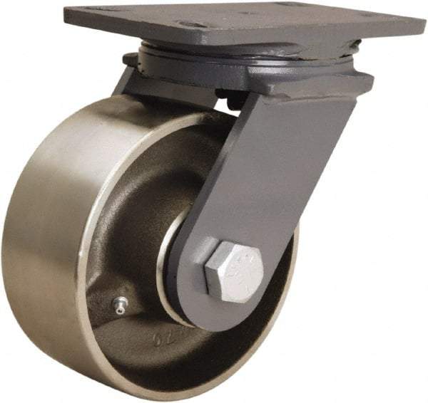 Hamilton - 6" Diam x 2-1/2" Wide x 7-3/4" OAH Top Plate Mount Swivel Caster - Forged Steel, 2,400 Lb Capacity, Tapered Roller Bearing, 4-1/2 x 6-1/2" Plate - Benchmark Tooling