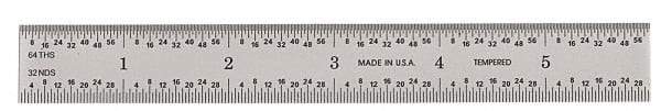 General - 6" Long, 1/64, 1/32, 1/16, 1/8" Graduation, Rigid Steel Rule - 4R Graduation Style, 3/4" Wide, Silver, Satin Chrome Finish - Benchmark Tooling