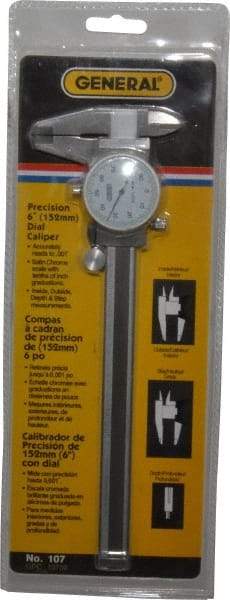 General - 0mm to 6" Range, 0.001" Graduation, 0.1" per Revolution, Dial Caliper - White Face, 1.57" Jaw Length - Benchmark Tooling