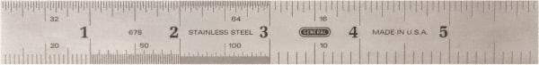 General - 6" Long, 1/100, 1/64, 1/50, 1/32, 1/20, 1/16, 1/10, 1/8" and 0.5, 1mm Graduation, Rigid Stainless Steel Rule - 4R & English/Metric Graduation Style, 3/4" Wide, Silver, Polished Finish - Benchmark Tooling