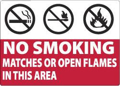 NMC - "No Smoking Matches or Open Flames in This Area", 7" Long x 10" Wide, Aluminum Safety Sign - Rectangle, 0.04" Thick, Use for Smoking Regulations - Benchmark Tooling