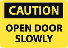 NMC - Caution - Open Door Slowly, Aluminum Fire and Exit Sign - 10" Wide x 7" High - Benchmark Tooling