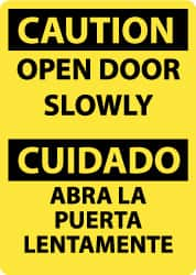 NMC - Caution - Open Door Slowly, Pressure Sensitive Vinyl Fire and Exit Sign - 10" Wide x 14" High, English/Spanish - Benchmark Tooling