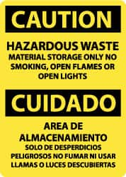 NMC - "Caution - Hazardous Waste Material Storage Only - No Smoking, Open Flames or Open Lights", 14" Long x 10" Wide, Pressure-Sensitive Vinyl Safety Sign - Rectangle, 0.004" Thick, Use for Hazardous Materials - Benchmark Tooling