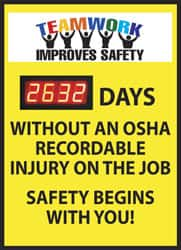 NMC - Scoreboards Scoreboard Type: Digital Scoreboard Legend: Teamwork Improves Safety - ___ Days without an OSHA Recordable Injury - on the Job Safety Begins with You - Benchmark Tooling