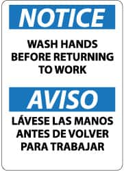 NMC - "Notice - Wash Hands Before Returning to Work", 14" Long x 10" Wide, Pressure-Sensitive Vinyl Safety Sign - Rectangle, 0.004" Thick, Use for Restroom, Janitorial & Housekeeping - Benchmark Tooling