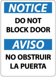 NMC - "Notice - Do Not Block Door", 14" Long x 10" Wide, Pressure-Sensitive Vinyl Safety Sign - Rectangle, 0.004" Thick, Use for Accident Prevention - Benchmark Tooling