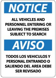 NMC - "Notice - All Vehicles and Personnel Entering or Leaving the Premises Subject to Search", 14" Long x 10" Wide, Rigid Plastic Safety Sign - Rectangle, 0.05" Thick, Use for Security & Admittance - Benchmark Tooling