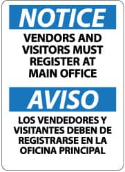 NMC - "Notice - Vendors and Visitors Must Register at Main Office", 14" Long x 10" Wide, Pressure-Sensitive Vinyl Safety Sign - Rectangle, 0.004" Thick, Use for Security & Admittance - Benchmark Tooling