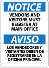 NMC - "Notice - Vendors and Visitors Must Register at Main Office", 14" Long x 10" Wide, Pressure-Sensitive Vinyl Safety Sign - Rectangle, 0.004" Thick, Use for Security & Admittance - Benchmark Tooling