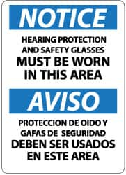 NMC - "Notice - Hearing Protection and Safety Glasses Must Be Worn in This Area", 14" Long x 10" Wide, Pressure-Sensitive Vinyl Safety Sign - Rectangle, 0.004" Thick, Use for Accident Prevention - Benchmark Tooling