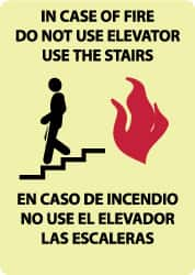 NMC - In Case of Fire - Do Not Use Elevator - Use the Stairs, Plastic Fire and Exit Sign - 10" Wide x 14" High, English/Spanish, Glow-in-the-Dark - Benchmark Tooling