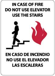 NMC - In Case of Fire - Do Not Use Elevator - Use the Stairs, Pressure Sensitive Vinyl Fire and Exit Sign - 10" Wide x 14" High, English/Spanish - Benchmark Tooling