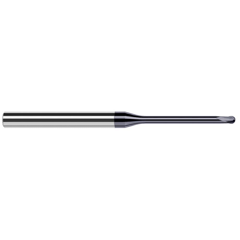 Ball End Mill: 0.031″ Dia, 0.025″ LOC, 2 Flute, Solid Carbide 2-1/2″ OAL, 1/4″ Shank Dia, 20 ° Helix, AlTiN Coated, Single End