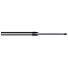 Ball End Mill: 0.031″ Dia, 0.025″ LOC, 2 Flute, Solid Carbide 2-1/2″ OAL, 1/4″ Shank Dia, 20 ° Helix, AlTiN Coated, Single End