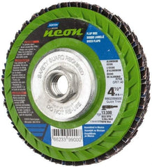 Norton - 40 Grit, 4-1/2" Disc Diam, 5/8-11 Center Hole, Type 27 Ceramic Alumina Flap Disc - 13,300 Max RPM, Polyester Backing, Arbor Attaching System, Coated - Benchmark Tooling