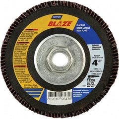 Norton - 80 Grit, 4-1/2" Disc Diam, 5/8-11 Center Hole, Type 27 Ceramic Alumina Flap Disc - 13,000 Max RPM, Cloth Backing, Arbor Attaching System, Coated - Benchmark Tooling