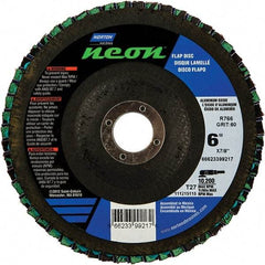 Norton - 80 Grit, 6" Disc Diam, 7/8" Center Hole, Type 27 Ceramic Alumina Flap Disc - 10,200 Max RPM, Polyester Backing, Arbor Attaching System, Coated - Benchmark Tooling