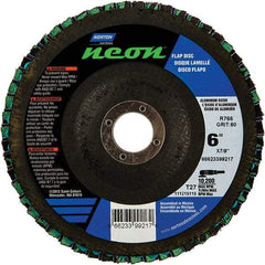 Norton - 60 Grit, 6" Disc Diam, 7/8" Center Hole, Type 27 Ceramic Alumina Flap Disc - 10,200 Max RPM, Polyester Backing, Arbor Attaching System, Coated - Benchmark Tooling