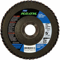 Norton - 80 Grit, 5" Disc Diam, 7/8" Center Hole, Type 27 Ceramic Alumina Flap Disc - 12,000 Max RPM, Polyester Backing, Arbor Attaching System, Coated - Benchmark Tooling