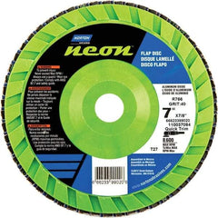 Norton - 80 Grit, 7" Disc Diam, 7/8" Center Hole, Type 27 Ceramic Alumina Flap Disc - 8,600 Max RPM, Polyester Backing, Arbor Attaching System, Coated - Benchmark Tooling