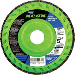 Norton - 80 Grit, 5" Disc Diam, 7/8" Center Hole, Type 27 Ceramic Alumina Flap Disc - 12,000 Max RPM, Polyester Backing, Arbor Attaching System, Coated - Benchmark Tooling