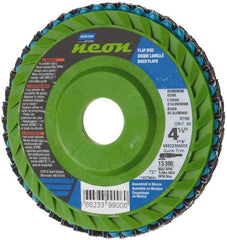 Norton - 80 Grit, 4-1/2" Disc Diam, 7/8" Center Hole, Type 27 Ceramic Alumina Flap Disc - 13,300 Max RPM, Polyester Backing, Arbor Attaching System, Coated - Benchmark Tooling