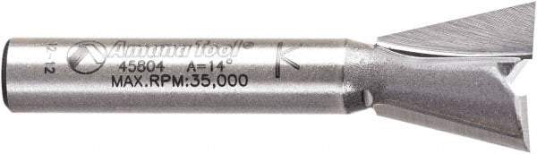 Amana Tool - 1/2" Cut Diam, 1/2" Length of Cut, 2 Flute Dovetail Edge Profile Router Bit - Carbide-Tipped, 1/4" Shank Diam, 1-3/4" OAL, Uncoated - Benchmark Tooling