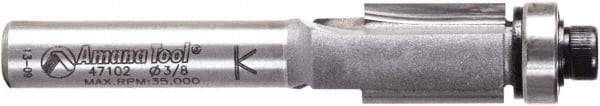 Amana Tool - 3/8" Cut Diam, 1/2" Length of Cut, 2 Flute Flush Trim Edge Profile Router Bit - Carbide-Tipped, 1/4" Shank Diam, 2-1/8" OAL, Uncoated - Benchmark Tooling