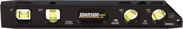 Johnson Level & Tool - Magnetic 9" Long 4 Vial Torpedo Level - Aluminum, Black, 1 30°, 1 45°, 1 Plumb & 1 Level Vial - Benchmark Tooling