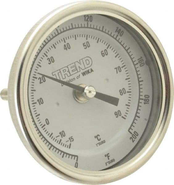 Wika - 2-1/2 Inch Long Stem, 3 Inch Dial Diameter, Stainless Steel, Back Connected Bi-Metal Thermometer - -15 to 90°C, 1% Accuracy - Benchmark Tooling