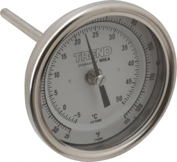 Wika - 4 Inch Long Stem, 3 Inch Dial Diameter, Stainless Steel, Back Connected Bi-Metal Thermometer - -5 to 50°C, 1% Accuracy - Benchmark Tooling