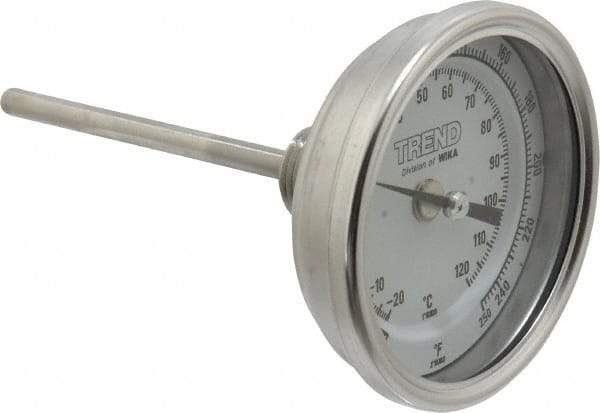 Wika - 4 Inch Long Stem, 3 Inch Dial Diameter, Stainless Steel, Back Connected Bi-Metal Thermometer - -20 to 120°C, 1% Accuracy - Benchmark Tooling