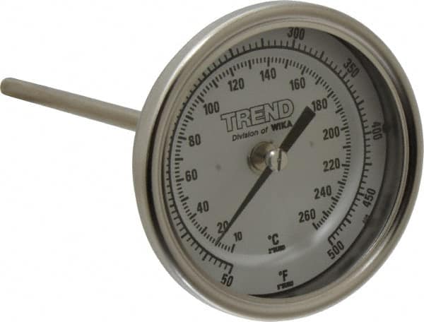 Wika - 6 Inch Long Stem, 3 Inch Dial Diameter, Stainless Steel, Back Connected Bi-Metal Thermometer - 10 to 260°C, 1% Accuracy - Benchmark Tooling