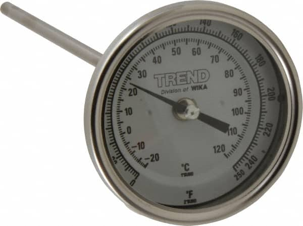 Wika - 9 Inch Long Stem, 3 Inch Dial Diameter, Stainless Steel, Back Connected Bi-Metal Thermometer - -20 to 120°C, 1% Accuracy - Benchmark Tooling