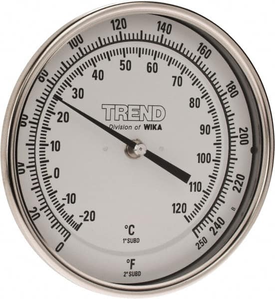 Wika - 2-1/2 Inch Long Stem, 5 Inch Dial Diameter, Stainless Steel, Back Connected Bi-Metal Thermometer - -20 to 120°C, 1% Accuracy - Benchmark Tooling