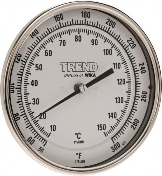 Wika - 2-1/2 Inch Long Stem, 5 Inch Dial Diameter, Stainless Steel, Back Connected Bi-Metal Thermometer - 10 to 150°C, 1% Accuracy - Benchmark Tooling