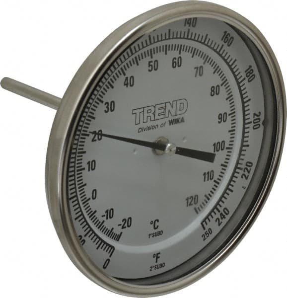 Wika - 4 Inch Long Stem, 5 Inch Dial Diameter, Stainless Steel, Back Connected Bi-Metal Thermometer - -20 to 120°C, 1% Accuracy - Benchmark Tooling