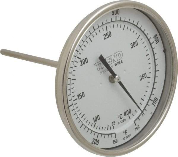 Wika - 6 Inch Long Stem, 5 Inch Dial Diameter, Stainless Steel, Back Connected Bi-Metal Thermometer - 65 to 400°C, 1% Accuracy - Benchmark Tooling