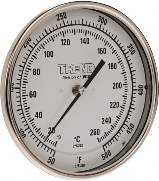 Wika - 9 Inch Long Stem, 5 Inch Dial Diameter, Stainless Steel, Back Connected Bi-Metal Thermometer - 10 to 260°C, 1% Accuracy - Benchmark Tooling