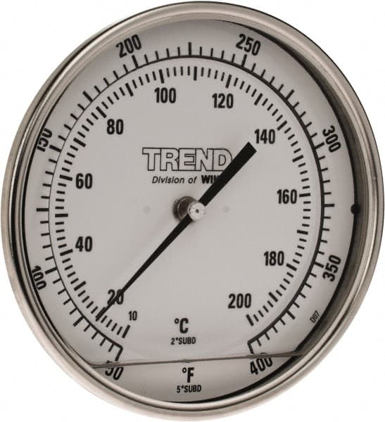 Wika - 4 Inch Long Stem, 5 Inch Dial Diameter, Stainless Steel, Back Connected Bi-Metal Thermometer - 10 to 200°C, 1% Accuracy - Benchmark Tooling