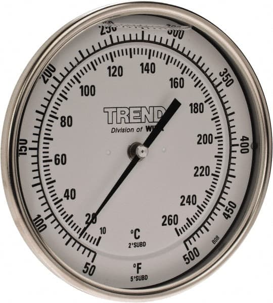 Wika - 4 Inch Long Stem, 5 Inch Dial Diameter, Stainless Steel, Back Connected Bi-Metal Thermometer - 10 to 260°C, 1% Accuracy - Benchmark Tooling