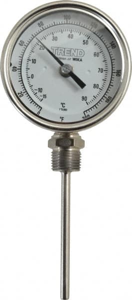 Wika - 4 Inch Long Stem, 3 Inch Dial Diameter, Stainless Steel, Bottom Connected Bi-Metal Thermometer - -15 to 90°C, 1% Accuracy - Benchmark Tooling