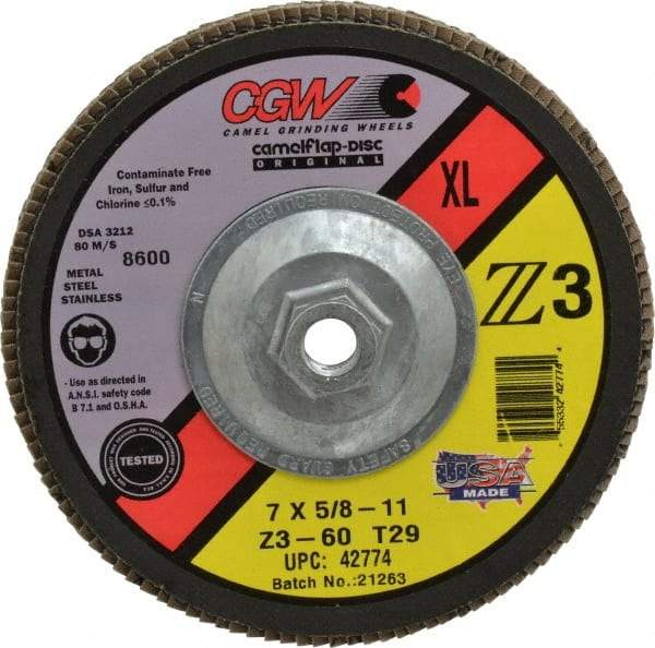 Camel Grinding Wheels - 60 Grit, 7" Disc Diam, 5/8-11 Center Hole, Type 29 Zirconia Alumina Flap Disc - 8,600 Max RPM, Poly Cotton Backing, Arbor Attaching System, Coated - Benchmark Tooling