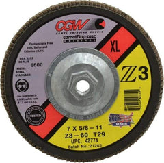 Camel Grinding Wheels - 60 Grit, 7" Disc Diam, 5/8-11 Center Hole, Type 29 Zirconia Alumina Flap Disc - 8,600 Max RPM, Poly Cotton Backing, Arbor Attaching System, Coated - Benchmark Tooling